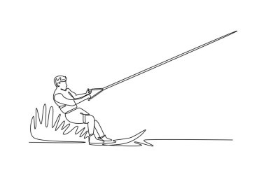 Tek sıra halinde, genç erkek sporcu suda wakeboard yapıyor, tekne tarafından çekiliyor. Atletik beceri, denge, heyecan verici spor hareketi. Aralıksız çizgi çizimi tasarım grafik vektör çizimi