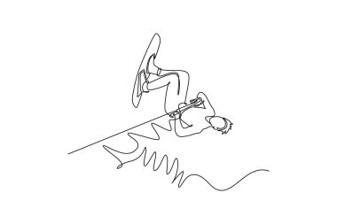 Tek sıra halinde bir sporcu, havada wakeboard numarası yapıyor. Atletik beceri, denge ve heyecan verici spor özgürlüğü. Modern sürekli çizgi çizimi tasarım grafik vektör çizimi