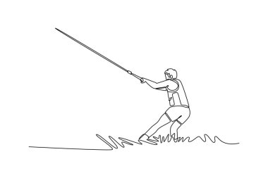 Suda wakeboard yapan bir adam, bir tekne tarafından çekiliyor. Atletik beceri, denge ve sporun heyecan verici hareketi. Tek çizgi çizimi tasarım vektörü grafik çizimi