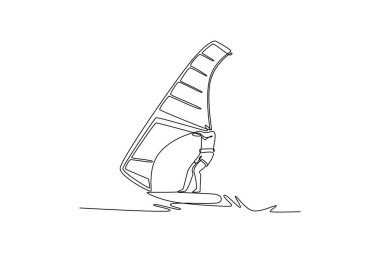 Küçük dalgalarda sörf yapan enerjik erkek sporcuları çeken tek sıra. Atletik beceri, özgürlük ve rüzgarın ve okyanusun enerjik gücü. Bir çizgi çizimi grafik tasarım vektör çizimi