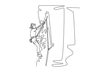 Profesyonel bir erkeğin sarp kayalıklara tırmanmasını sağlayan kesintisiz bir çizgi. Aşırı macera, güç, kararlılık ve yükseliş heyecanı. Tek çizgi çizimi tasarım vektörü grafik çizimi