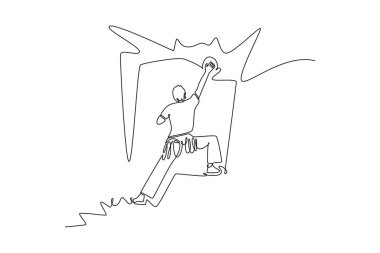 Tek bir çizgi, kayalık kayalıklara tutunmaya çalışan bir adamı geri çekiyor. Macera, güç, kararlılık ve yükselişin heyecanı. Aralıksız çizgi çizimi tasarım grafik vektör çizimi