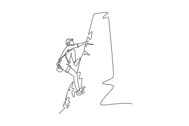 Tek çizgi, erkek dağcıyı zorlu bir pozisyonda çiziyor, bir kaya duvarını fethetmek için gereken odaklanmış konsantrasyonu ve cesareti temsil ediyor. Aralıksız çizgi çizimi tasarım grafik vektör çizimi