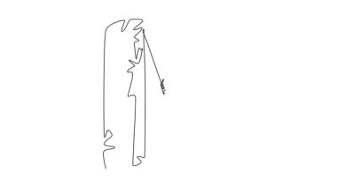 Animated self drawing of continuous line draw female climbing cliff in challenging pose, representing focused concentration and courage required to conquer a rock wall. Full length one line animation