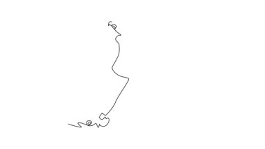 Animated self drawing of continuous line draw attractive man climbing steep overhanging cliff, symbolizing extreme adventure, strength, determination, thrill of ascent. Full length one line animation