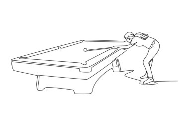 Tek sıra halinde, çekici bir kadını düşük odaklı bir şekilde çekiyor ve bilardo masasına nişan alıyor. Kesinlik, strateji ve oyunun konsantrasyonu. Bir çizgi çizimi grafik tasarım vektör çizimi