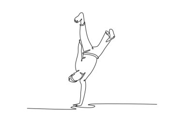 Continuous one line drawing attractive male performing one-handed handstand, core acrobatic move of Capoeira balance, control, and immense strength. Single line draw design vector graphic illustration
