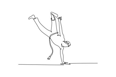 Continuous one line drawing active man performing one-handed Capoeira handstand, dynamic and graceful acrobatic move that requires immense strength. Single line draw design vector graphic illustration