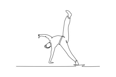Continuous one line drawing attractive man performing an acrobatic high kick while leaning on one hand, fluid Capoeira movement, balance, and power. Single line draw design vector graphic illustration