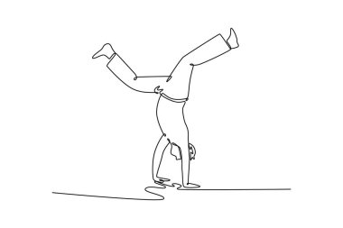 Continuous one line drawing man performing a classic Capoeira handstand with splayed legs, core acrobatic move that showcases balance and strength. Single line draw design vector graphic illustration