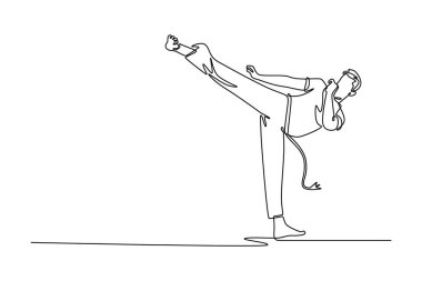 Continuous one line drawing male athlete executing powerful high kick with perfect balance, showcasing fluid and graceful combat style of Capoeira. Single line draw design vector graphic illustration