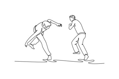 Continuous one line drawing two people engaged in intricate dance of Capoeira, with one figure evading and the other observing, arts fluid strategy. Single line draw design vector graphic illustration