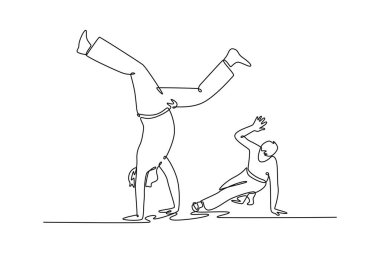 Single continuous line drawing two figures in dynamic Capoeira partnership, with one in an inverted handstand and the other in a low, graceful crouch. One line draw graphic design vector illustration