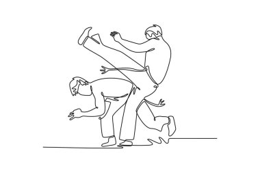 Single continuous line drawing two men engaged in dynamic Capoeira match, with one performing a high kick and the other gracefully dodging the attack. One line draw graphic design vector illustration