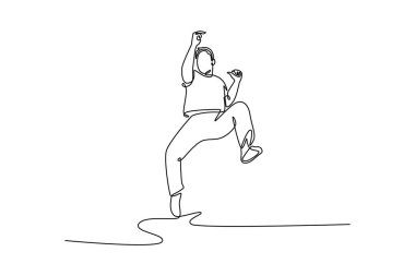 Single one line drawing man mid-jump, executing energetic Capoeira move with one leg raised, conveying sense of celebration and powerful motion. Continuous line draw design graphic vector illustration