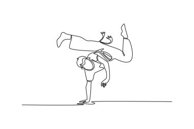 Single one line drawing attractive male performing in a complex Capoeira pose, balancing on one arm with both legs suspended in the air. Modern continuous line draw design graphic vector illustration