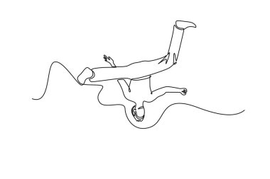 Single one line drawing man executing powerful ground-based Capoeira move, with their body inverted and one leg raised, acrobatic martial arts. Continuous line draw design graphic vector illustration