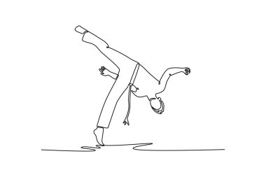 Single one line drawing active male in a dynamic Capoeira pose, highlighting the fluidity, acrobatics, and power of martial arts dance. Modern continuous line draw design graphic vector illustration