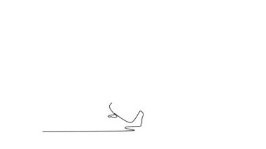 Animated self drawing of continuous line draw two figures in Capoeira exchange, with one executing high kick and the other ducking away in a low, graceful stance dance. Full length one line animation
