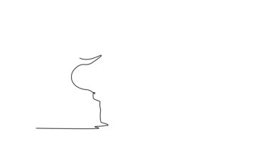 Self drawing animation of single line draw two people in complex Capoeira routine, one balancing on their hands while the other holds a low, fluid stance dance. Continuous line. Full length animated