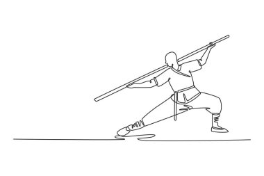 Geleneksel Shaolin duruşu ile aktif erkek çizen tek çizgi, asayı kullanan, disiplini, dengeyi ve dövüş sanatlarının gücünü ele geçiren. Aralıksız çizgi çizimi tasarım grafik vektör çizimi