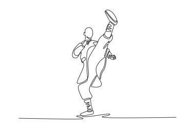 Tek çizgi çizen adam mükemmel bir yüksek tekme, muazzam bir güç, hassasiyet, esneklik, disiplinli Shaolin Kung Fu uygulayıcısı. Aralıksız çizgi çizimi tasarım grafik vektör çizimi