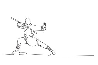 Tek sıra halinde, güçlü ve düşük duruşu olan erkek dövüş sanatçısı, bir kolu savunmada, disiplinli bir şekilde silah kullanıyor. Tek çizgi tasarım vektör grafik çizimi