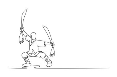 Tek sıra halinde, güçlü at duruşu yapan çekici bir adam, iki kılıç kullanıyor, Shaolin Kung Fu silahının dinamik dövüşü. Tek çizgi çizimi tasarım vektörü grafik çizimi