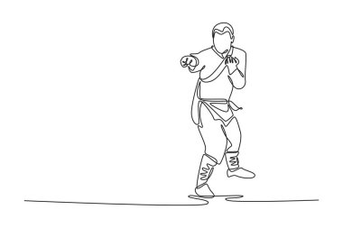 Tek çizgi, erkekleri dinamik ve dengeli bir şekilde çekiyor. Bir bacağı havaya kalkmış, odaklanmış ve Shaolin dövüş sanatçısının çevikliği ile savaşa hazır. Bir çizgi çizimi grafik tasarım vektör çizimi