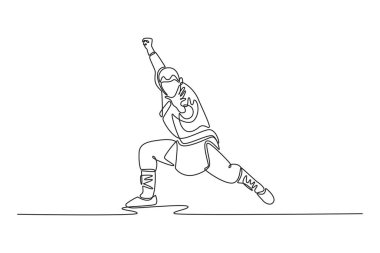 Tek sıra halinde, güçlü, düşük duruşu olan, tek kollu, güçlü ve disiplinli Shaolin Kung Fu 'su olan bir adam. Bir çizgi çizimi grafik tasarım vektör çizimi