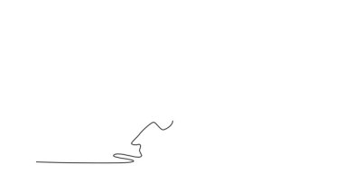 Animated self drawing of continuous line draw man is in dynamic, forward-moving stance, holding Guan Dao over his shoulder, fluid motion and power of Shaolin Kung Fu. Full length single line animation