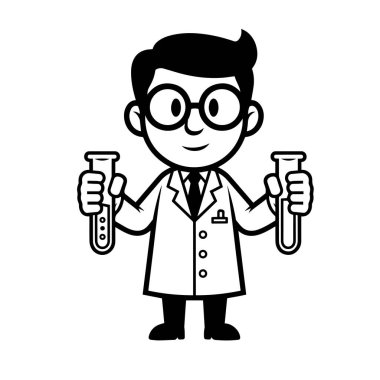 Test tüplü siyah beyaz çizgi film bilimcisi.