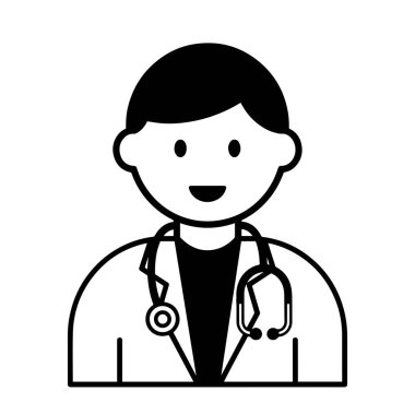 Stetoskoplu Siyah ve Beyaz Çizgi Film Doktoru