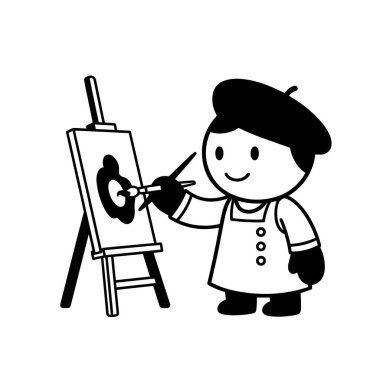 Siyah ve Beyaz Düz Çizgi Film Sanatçısı Easel 'de Resim