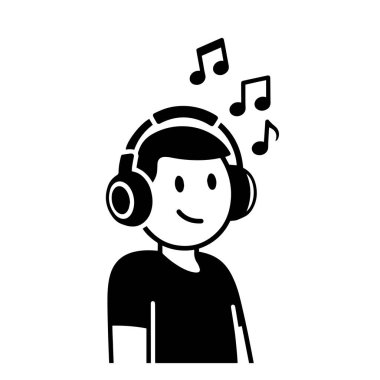 Siyah ve Beyaz Düz Çizgi Film Karakteri Kulaklıkla Müzik Dinliyor