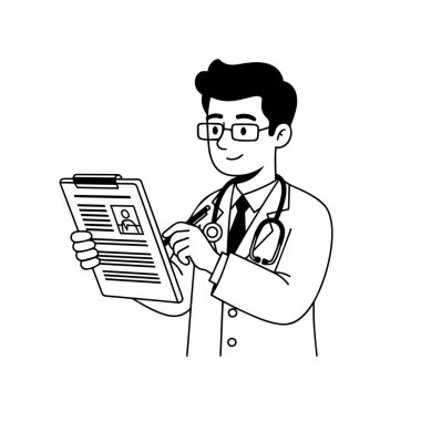 Siyah ve Beyaz Çizgi Film Doktoru Hasta Çizelgesini Kontrol Ediyor