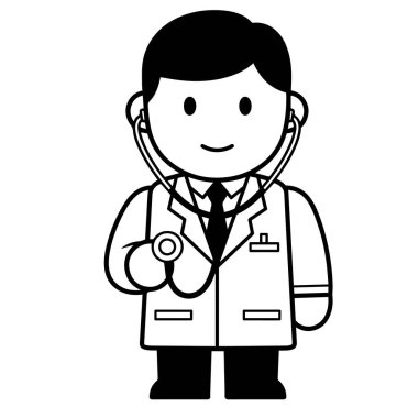 Stetoskoplu Siyah ve Beyaz Çizgi Film Doktoru