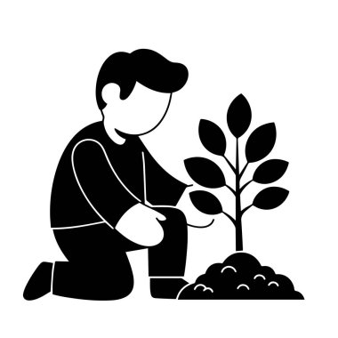 Siyah ve Beyaz Yassı Çizgi Film İnsanları Ağaç Dikiyor