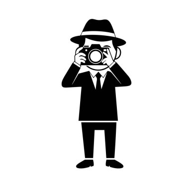 Siyah ve Beyaz Düz Çizgi Filmci Kamerayla Fotoğraf Çekiyor