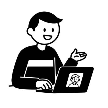 Siyah beyaz çizgi film karakteri video çağrısı yapıyor.