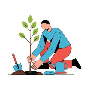 Bahçe aletleriyle yere ağaç fidanı diken birinin düz vektör çizimi.