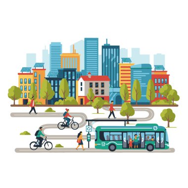 Çevre dostu şehir manzarasının, insanların bisiklet sürdüğü, yürüdüğü ve toplu taşıma araçlarını kullandığı düz vektör çizimi. Ağaçları, temiz havası ve güneş panelleri olan şehir binaları.