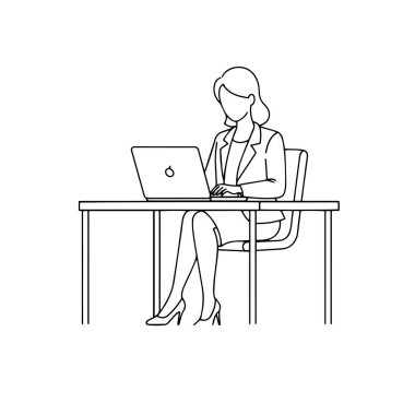 İş kadını Laptop Hattı Sanat İllüstrasyonunda çalışıyor