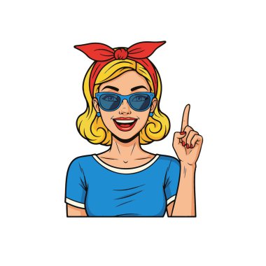 Geçmişe dönük pop sanatı, mutlu genç bir kadının bir parmağını havaya kaldırarak vücut gösterimi.