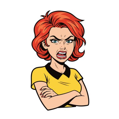 Kollarını kavuşturmuş kızgın genç bir kadının Retro Pop tarzı, yarım vücut çizimi.