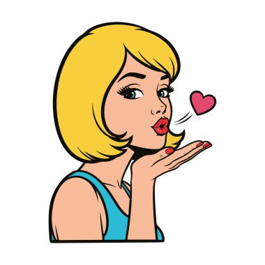 Retro pop sanatı stili. Flört eden genç bir kadının yarı vücut çizimi.