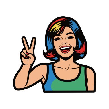 Parmaklarla barış işareti yapan mutlu genç bir kadının Retro Pop sanat tarzı yarı vücut çizimi
