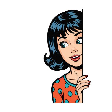 Retro pop sanatının yarı vücut çizimi. Meraklı genç bir kadının yan tarafından röntgenlemesi.