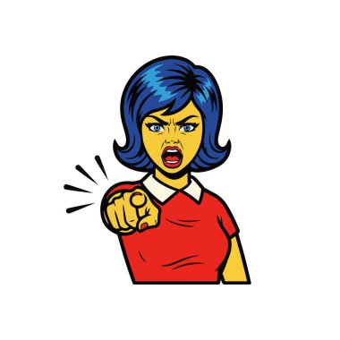 Öfkeli genç bir kadının ileri işaret ettiği Retro Pop tarzı bir çizim.