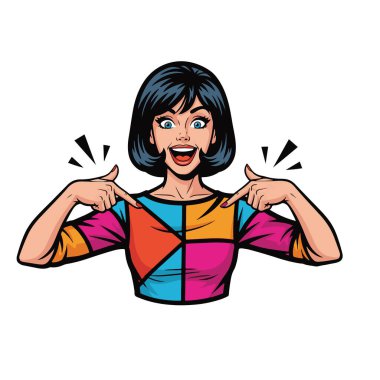 Heyecanlı genç bir kadının iki eliyle kendini gösteren Retro Pop tarzı yarı vücut çizimi.